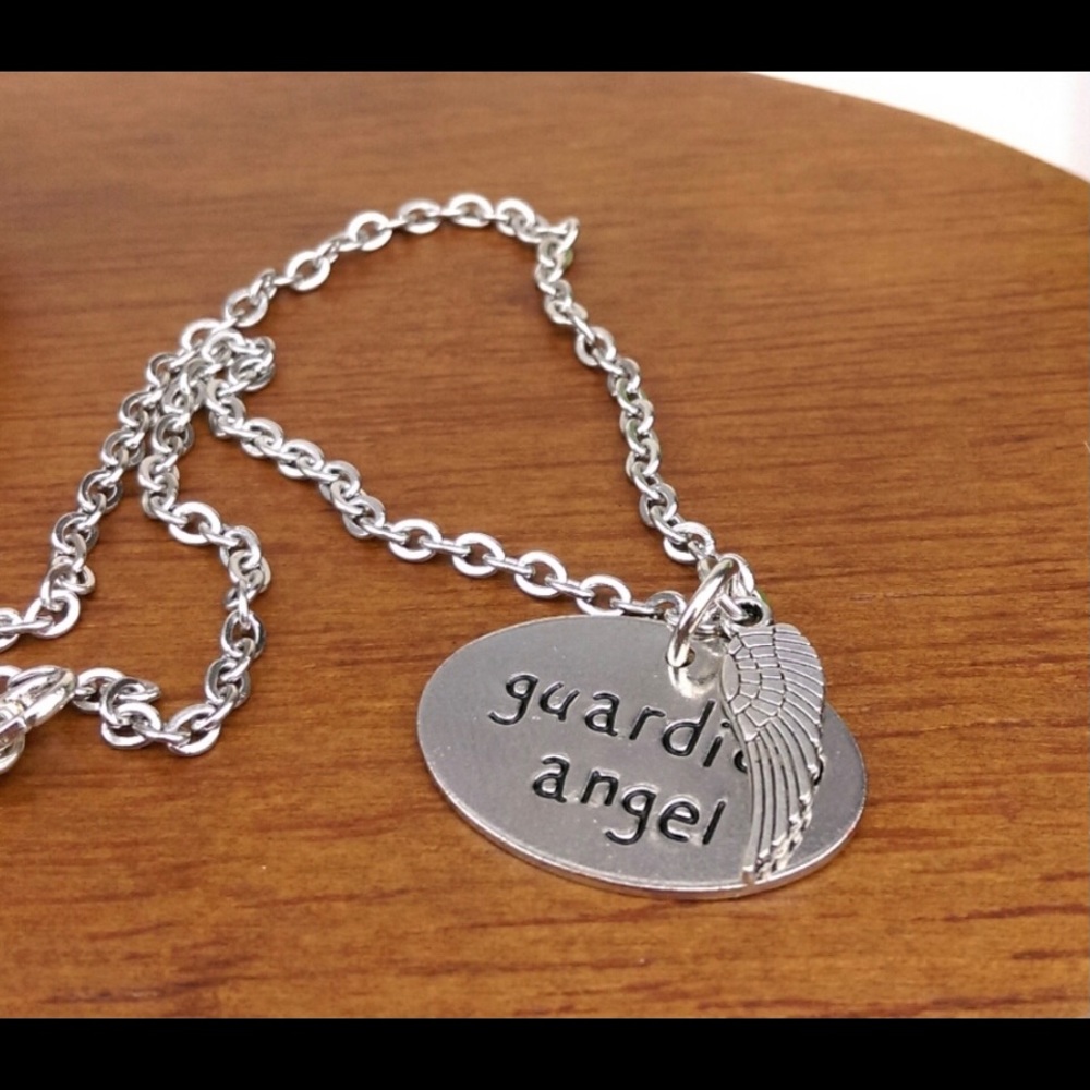 Guardian Angel and Wing Charm Silver Tone Necklace